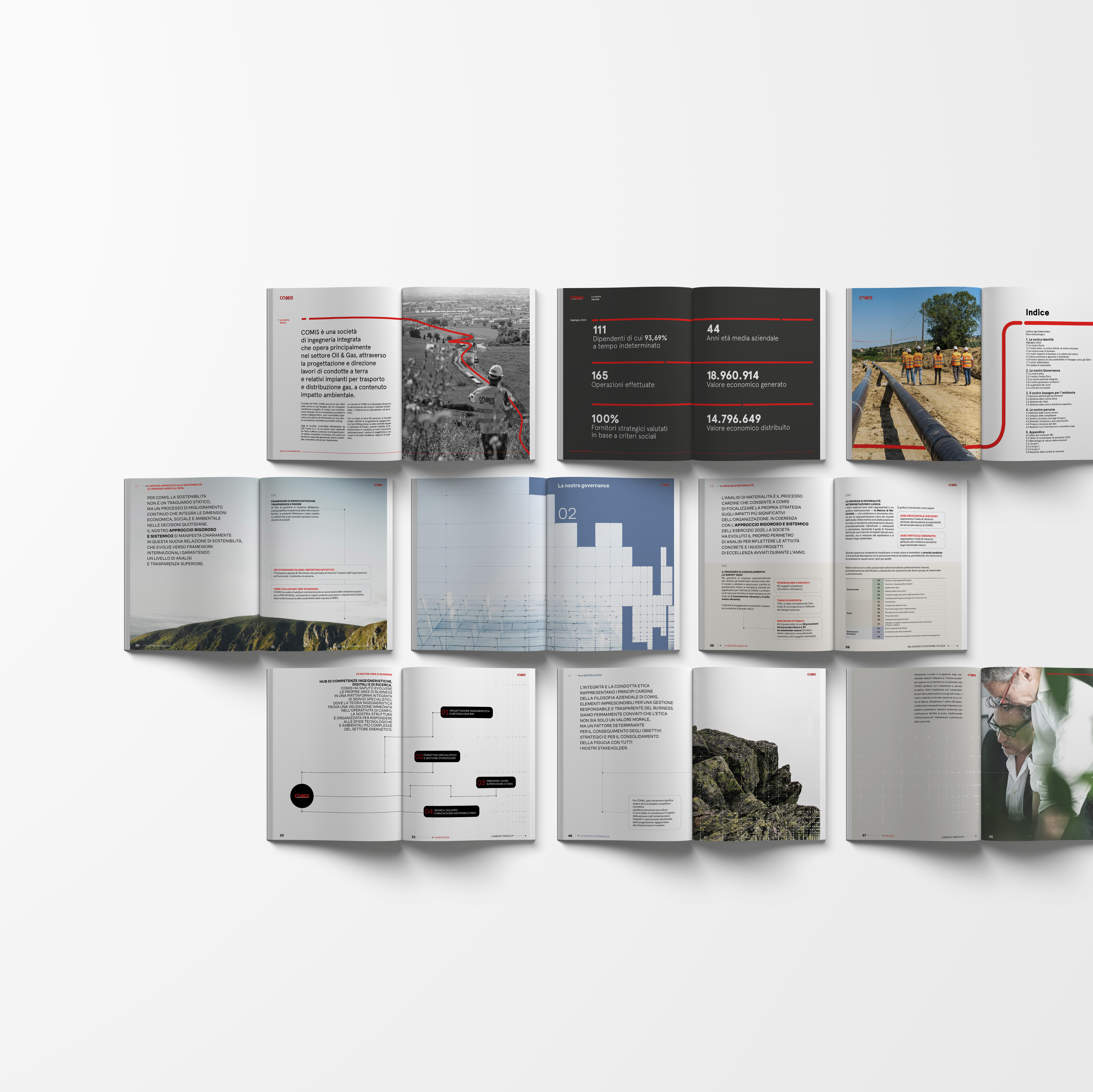 Percorso e criticità risolteIl progetto organizza informazioni dense e di natura diversa all’interno di un sistema leggibile. Testi, dati, tabelle, immagini e indicatori vengono messi in relazione attraverso un impianto editoriale capace di orientare la lettura. La direzione artistica e il servizio fotografico contribuiscono a costruire un repertorio visivo coerente con il racconto dell’azienda.